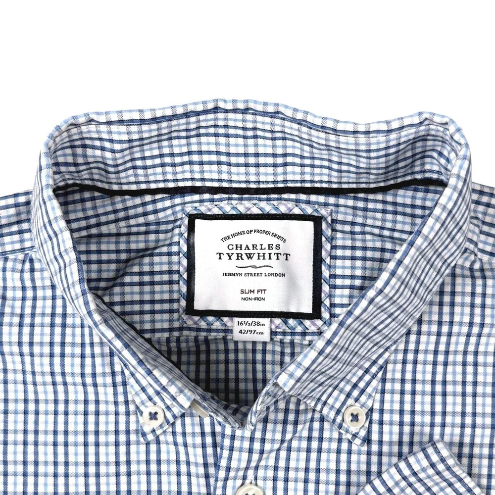 Charles Tyrwhitt Slim Fit Non-Iron Blue White Micro Check Mens 16.5 38 42 97
